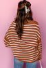 Brown Stripe Casual Round Neck Drop Shoulder Sweater