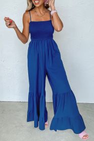 Navy Blue Spaghetti Straps Smocked Ruffled Wide Leg Jumpsuit (size: (US 12-14)L)
