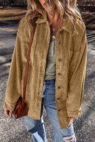 Light French Beige Patched Pocket Button-Up Corduroy Shacket (size: (US 20-22)2XL)