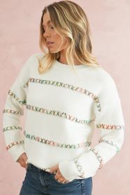 White Colorful Cross Stitch Drop Shoulder Sweater (size: (US 12-14)L)