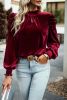 Red Mock Keyhole Neck Puff Sleeve Velvet Blouse