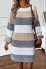 Gray Stripe Color Block Bubble Sleeve Drop Shoulder Sweater Dress