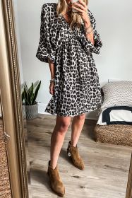 Black V Neck 3/4 Puff Sleeve Leopard Print Dress (size: (US 12-14)L)