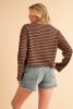Brown Stripe Textured Long Sleeve Henley Top