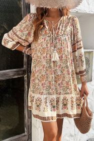 Apricot Floral Print Boho V-Neck Lace-Up Dress (size: (US 12-14)L)