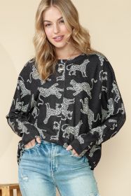 Black Cheetah Print Center Seamed Long Sleeve Top (size: (US 12-14)L)