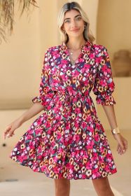 Rose Red Floral Print Drawstring Waist V Neck Mini Dress (size: (US 12-14)L)
