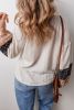 Beige Floral Patchwork Textured Drawstring V Neck Top