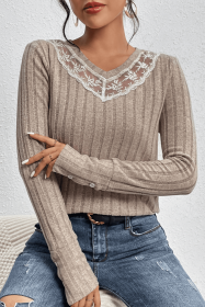 Simply Taupe Lace Patchwork V-neck Long Sleeve Top (size: (US 12-14)L)