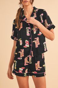 Black Boots Print Button-up Shirt and Shorts Pajama Set (size: (US 12-14)L)