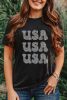 Black Rhinestone USA Graphic Round Neck T Shirt