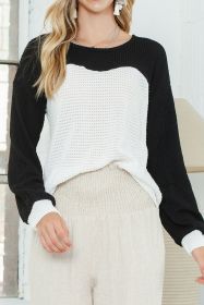 Black and White Color Block Waffle Knit Pullover Long Sleeve Top (size: (US 12-14)L)