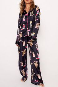 Black Boots Print Loose Shirt and Wide Leg Pajama Set (size: (US 12-14)L)