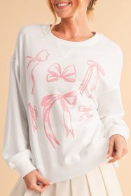 White Bowknot Pattern Drop Shoulder Crinkle Rib Top (size: (US 12-14)L)