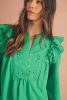 Bright Green Embroidered Ruffle Trim 3/4 Sleeve V Neck Mini Dress