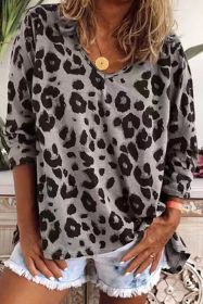 Gray Leopard V Neck Loose Long Sleeve Top (size: (US 20-22)2XL)
