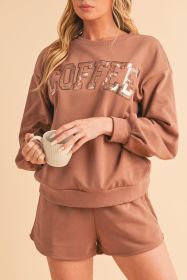 Straw Yellow Sequins COFFEE Loose Fit Sweatshirt and Shorts Set (size: (US 12-14)L)