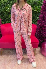 Pink Christmas Candy Cane Print Collar Shirt and Pants Pajamas Set (size: (US 12-14)L)