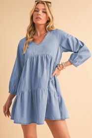 Beau Blue Puff Sleeve V Neck Tiered Ruffled Chambray Mini Dress (size: (US 12-14)L)
