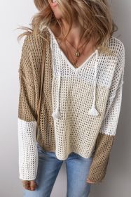 Brown Colorblock Hollow-out Tie V Neck Lightweight Sweater (size: (US 12-14)L)