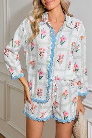 Multicolor Boho Floral Plaid Button-up Shirt and Drawstring Shorts Set (size: (US 12-14)L)