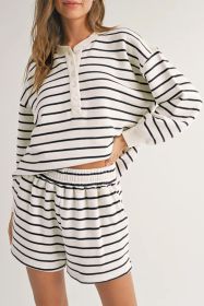 Black White Striped Henley Pullover and Shorts Set (size: (US 12-14)L)