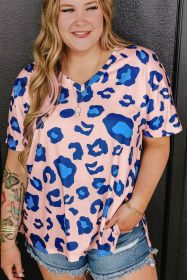 Pink Leopard Print V Neck Plus Size Tee (size: (US 14W-16W)1X)
