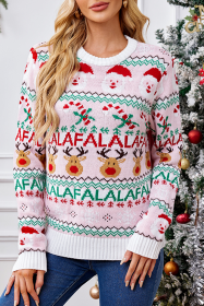 Light Pink Long Sleeved Pullover Jacquard Christmas Sweater (size: (US 12-14)L)