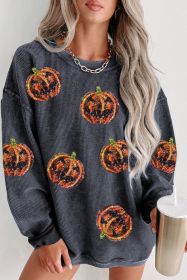 Gray Sequined Jack O Lantern Graphic Corded Baggy Sweatshirt (size: (US 18-20)2XL)