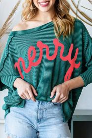 Green Merry Christmas Exposed Seam Ribbed Top (size: (US 12-14)L)