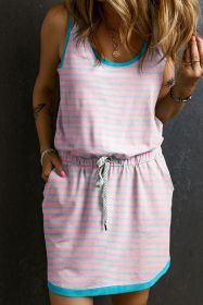 Pink Stripe Contrast Trim Pocket Drawstring Tank Dress (size: (US 12-14)L)