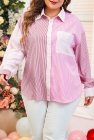 Pink Striped Patchwork Pocket Plus Size Shirt (size: (US 14W-16W)1X)
