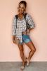 Black Checkered Print Hooded Patchwork Loose Fit Shacket