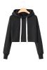 Black Drop Shoulder Drawstring Cropped Hoodie