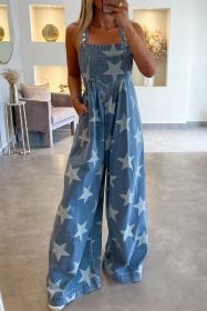 White Star Print Button Strap Pleated Wide Leg Denim Overall (size: (US 12-14)L)