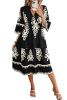 Black Ethnic Print 3/4 Sleeve Loose Midi Dress