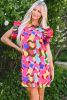 Rose Red Abstract Print Smocked Flutter Shoulder Mini Dress