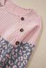 Pink Leopard Textured Patchwork Button Decor Round Neck Top
