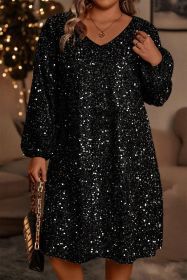 Black Plus Size Bubble Sleeve V Neck Sequin Dress (size: (US 14W-16W)1X)