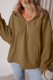 Brown Half Zipper Kangaroo Pockets Drop Shoulder Hoodie (size: (US 20-22)2XL)