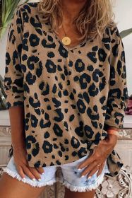 Brown Leopard Split V Neck Long Sleeve Shirt (size: (US 20-22)2XL)