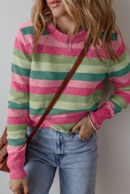 Green Striped Ribbed Edge Round Neck Sweater (size: (US 12-14)L)