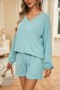 Mist Blue Corded V Neck Slouchy Top & Pocketed Shorts Set