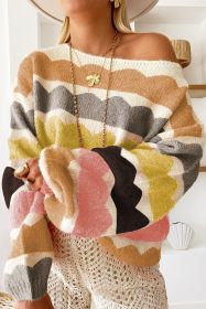 Yellow Wave Striped Balloon Sleeve Drop Shoulder Sweater (size: (US 12-14)L)