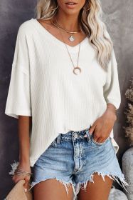 White Waffle Knit Casual Drop Shoulder Loose Top (size: (US 18-20)2XL)