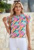 Rose Red Abstract Print Ruffled Flutter Shoulder Blouse