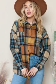 Brown & Blue Plaid Print Pockets Buttons Up Shacket (size: (US 12-14)L)