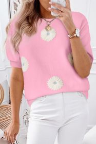 Pink Flower Pattern Puff Short Sleeve Sweater (size: (US 20-22)2XL)
