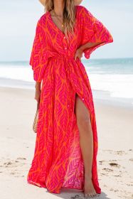 Orange Leafy Print 3/4 Sleeve V Neck Buttoned Split Maxi Dress (size: (US 12-14)L)