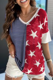 Dark Blue Stripes Stars Print Knit V Neck Short Sleeve Top (size: (US 12-14)L)
